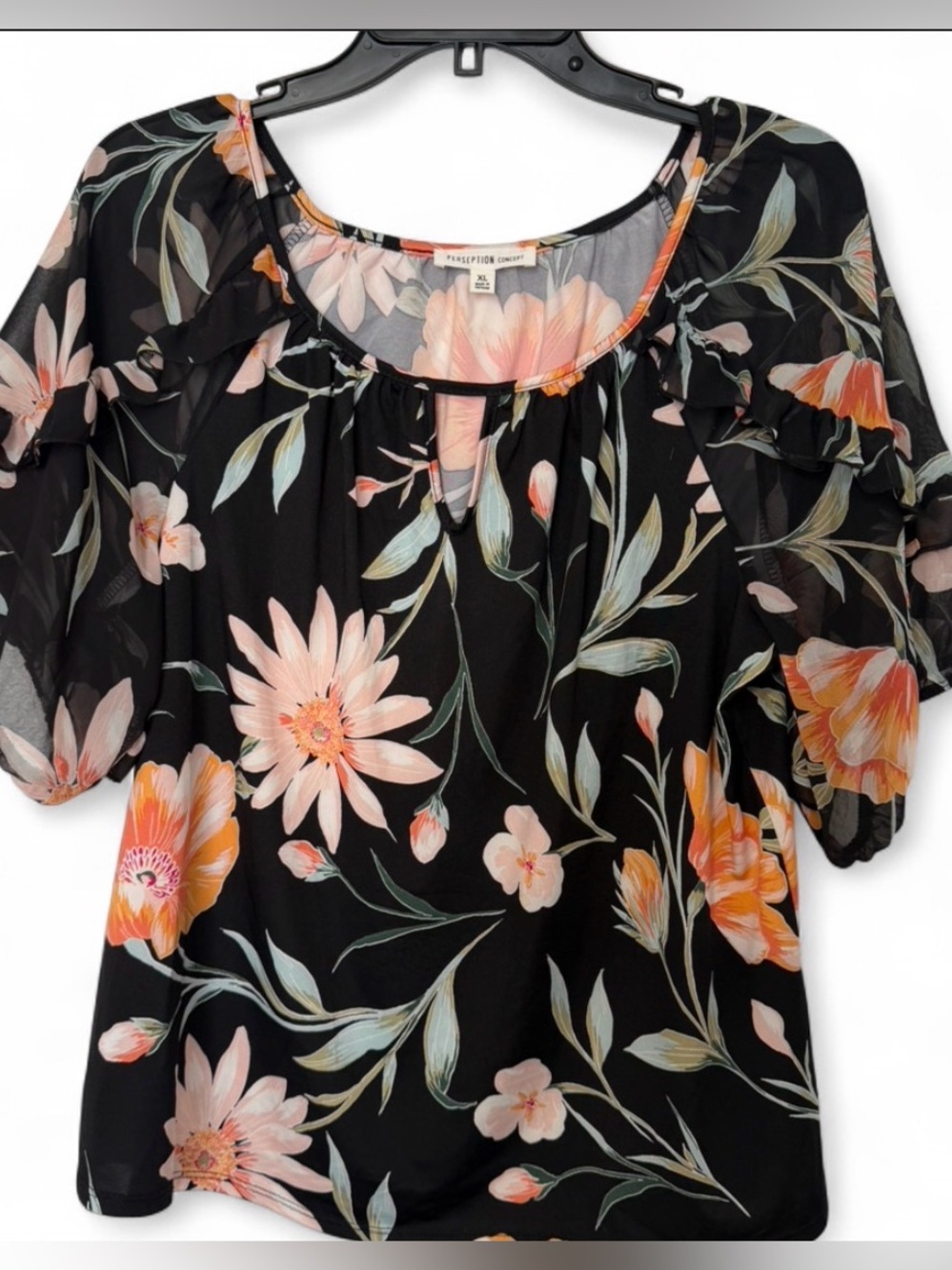 Black Blouse with Peach & Green Floral Print